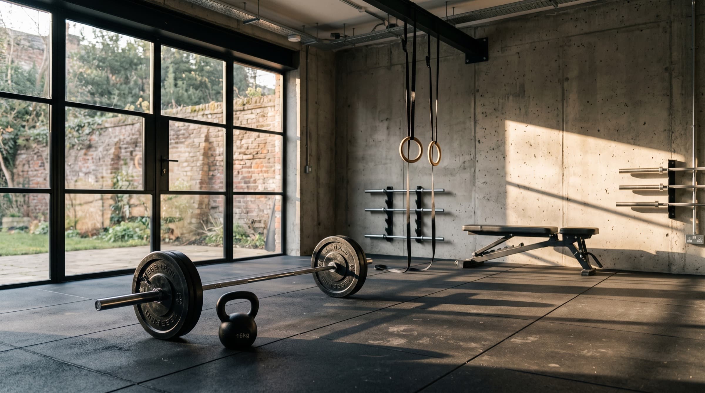 Salle d'entraînement installée dans une pièce en béton brut : barre chargée au sol, kettlebell, anneaux suspendus et banc contre le mur